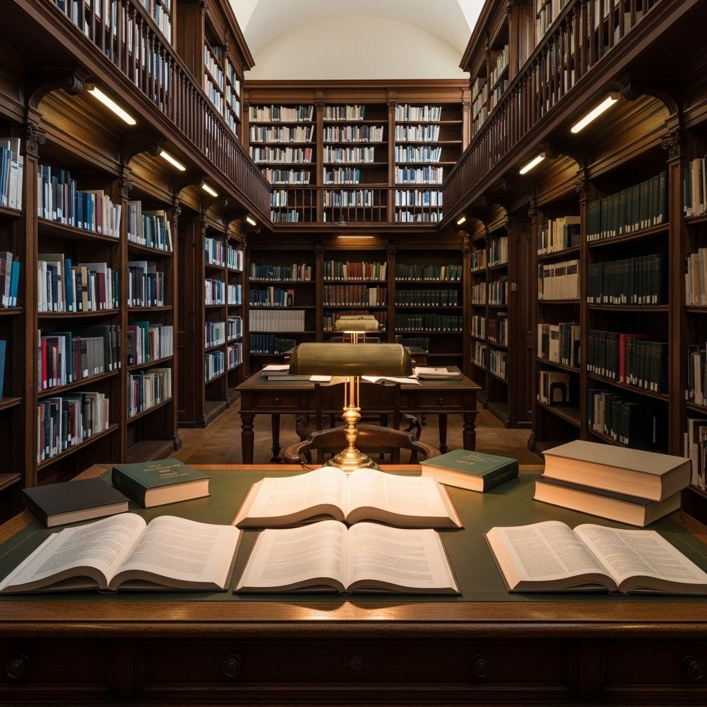 Quiet reading room in a traditional library with tall wooden bookshelves, warm lamp light and academic journals on a heavy oak desk, conveying scholarly depth and institutional knowledge