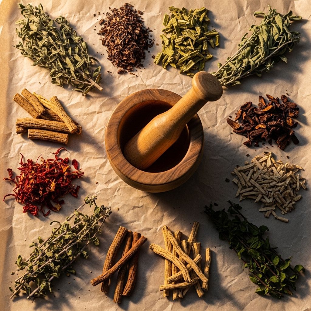 Dried aromatic herbs and roots arranged on aged parchment paper with a mortar and pestle in cinematic warm light, evoking traditional botanical knowledge