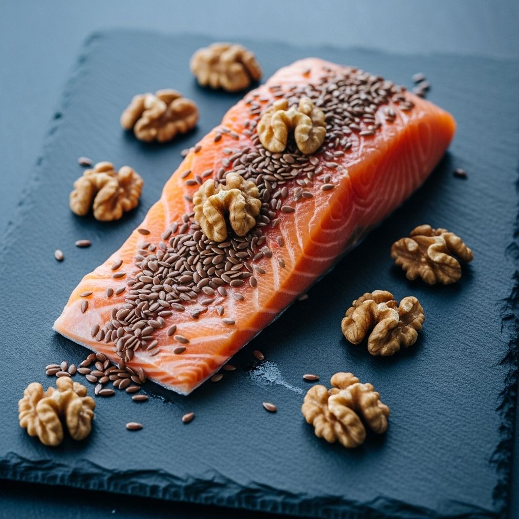 Fresh wild salmon fillet with flaxseeds and walnuts on a slate surface with cool blue-grey tones representing omega fatty acid food sources