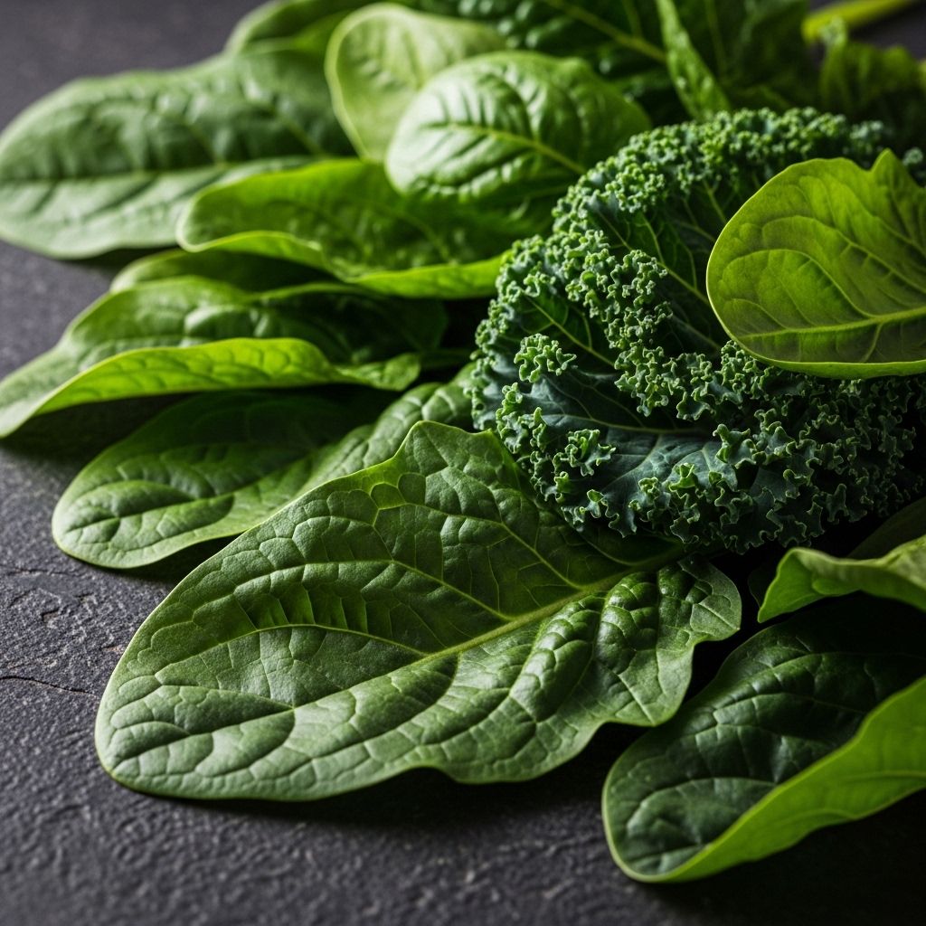 Close-up of dark leafy green vegetables including spinach and kale on a stone surface, illuminated by natural side-lighting showing rich mineral content