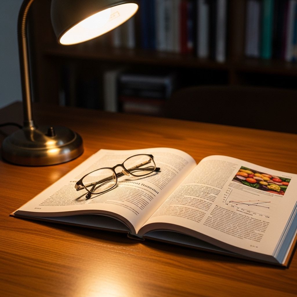 Open scientific journal on a wooden desk with reading glasses and a warm lamp, representing academic research and evidence-based nutritional information